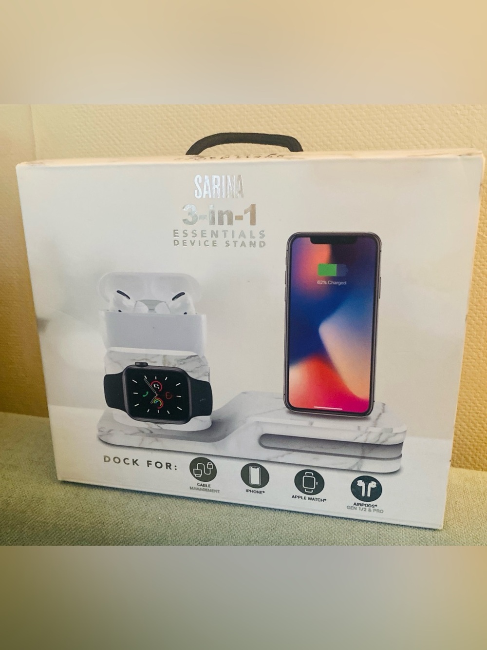Sarina 3-in-1 Apple Device Stand (White Marbled Design)- NEW SEALED Stand Only